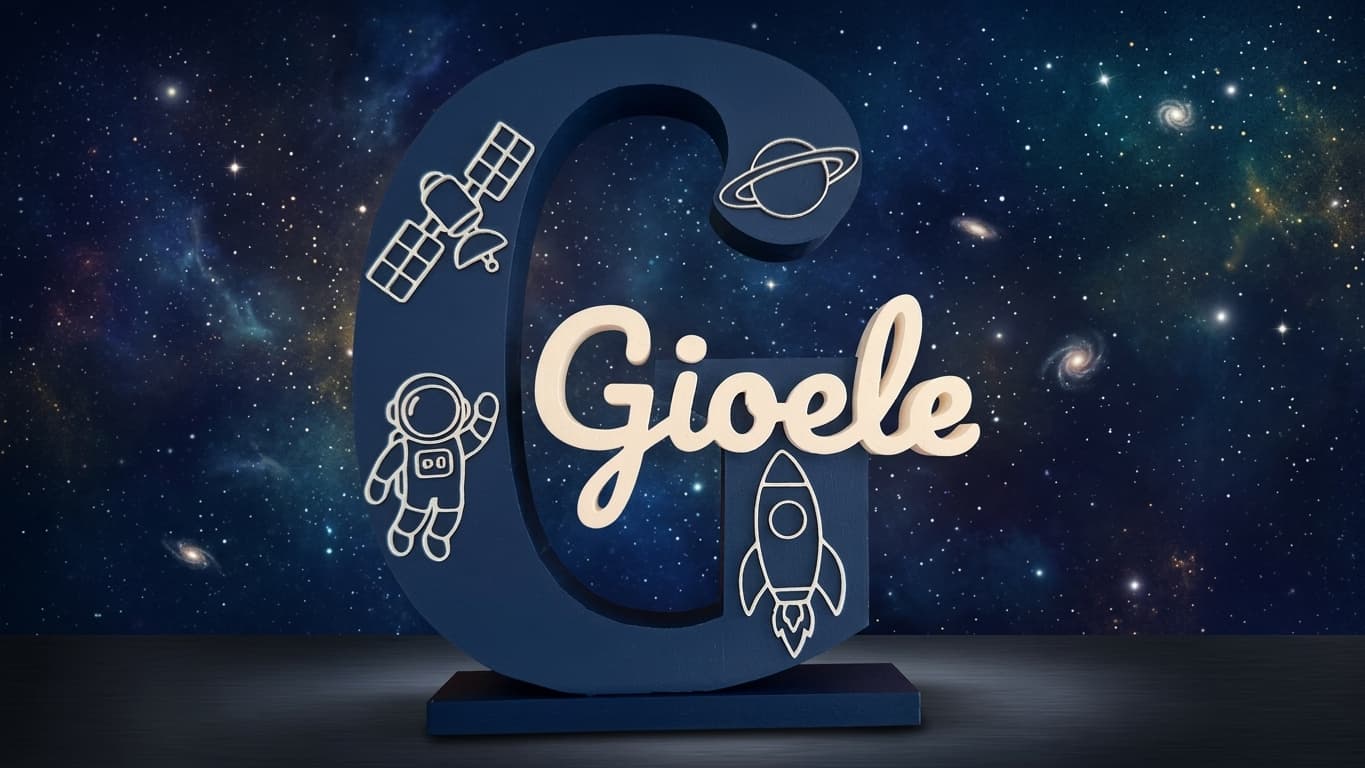 Lettera decorativa "G" personalizzata con il nome Gioele e decorazioni a tema spazio