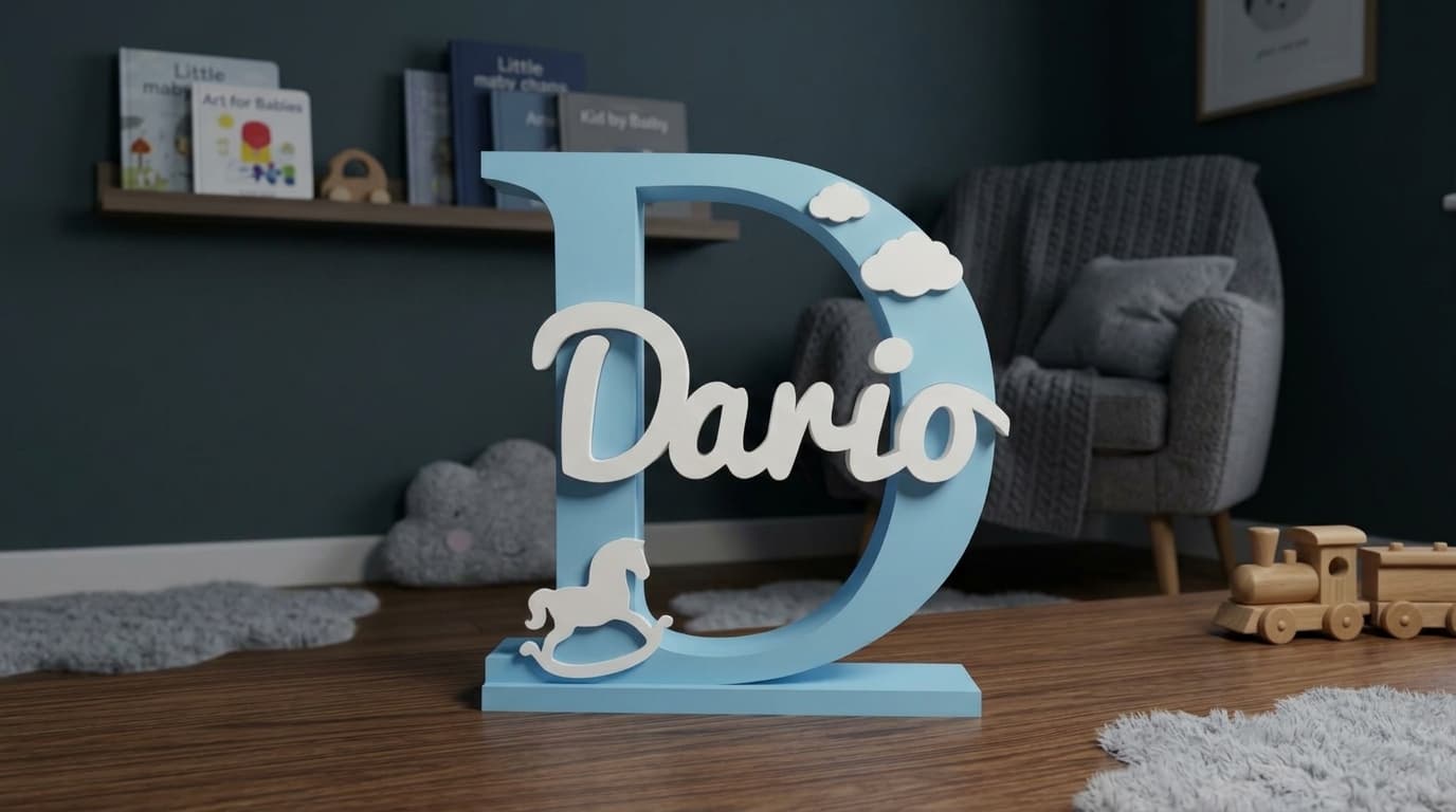 Lettera decorativa "D" personalizzata con il nome Dario e decorazioni a tema nuvole e cavalluccio, ideale per nascite e battesimi